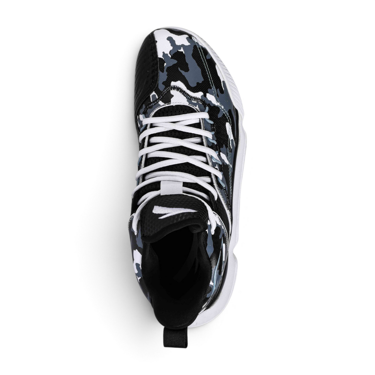 FRG basketball shoes featuring a black, white, and grey camouflage pattern with white laces and a white sole.