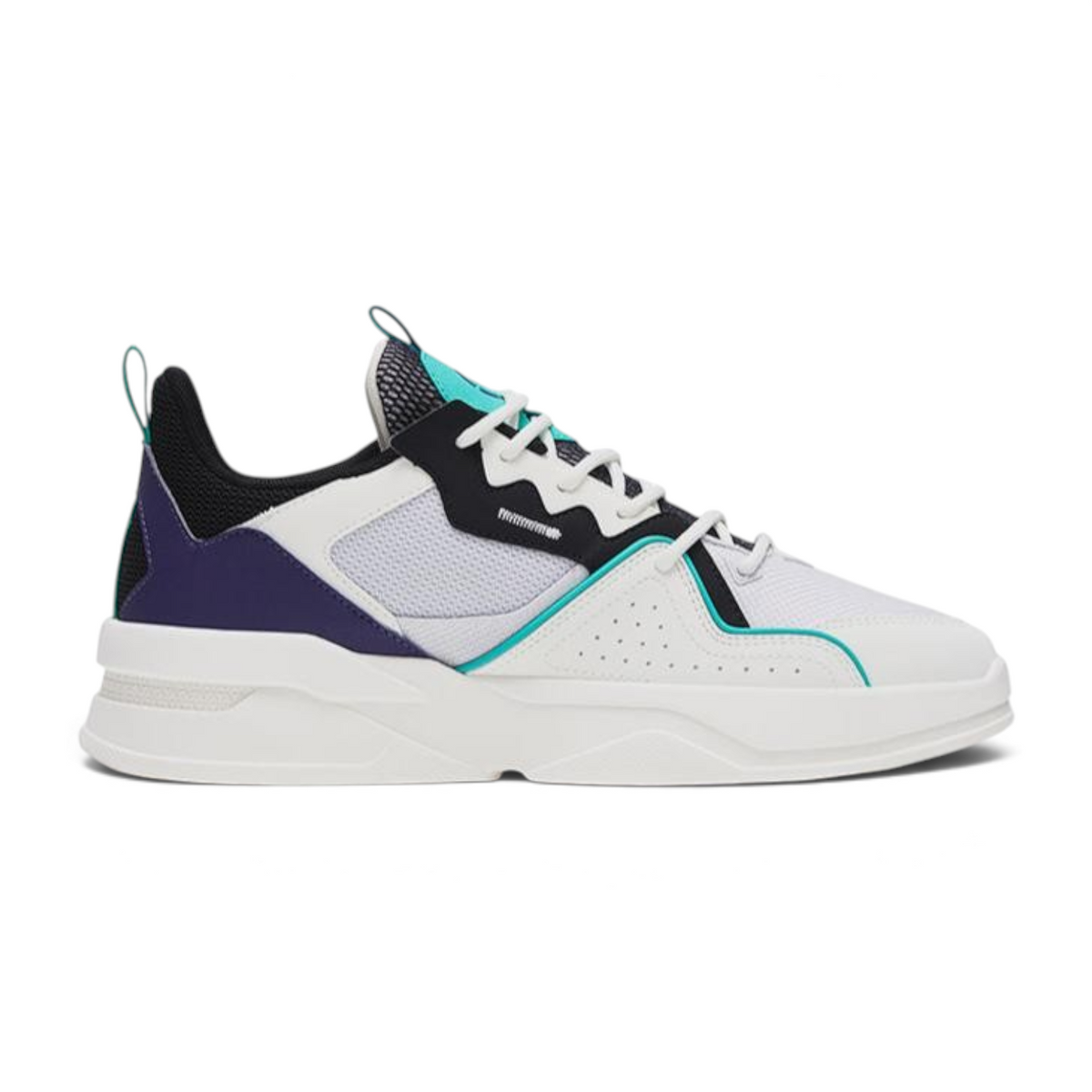 FRG X-GAME SHOES featuring a white mesh and leather upper with black, purple, and teal accents on a thick white sole.