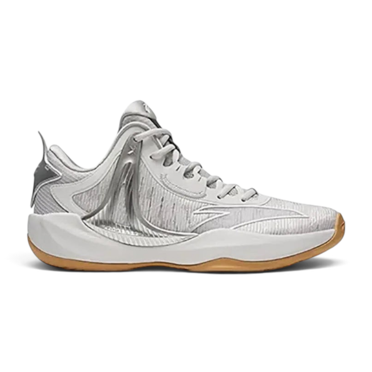 FRG basketball shoes in silver and white with a textured mesh upper and a durable gum rubber outsole