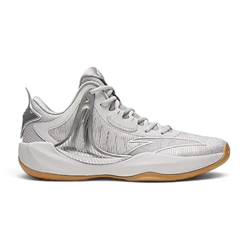 FRG basketball shoes in silver and white with a textured mesh upper and a durable gum rubber outsole