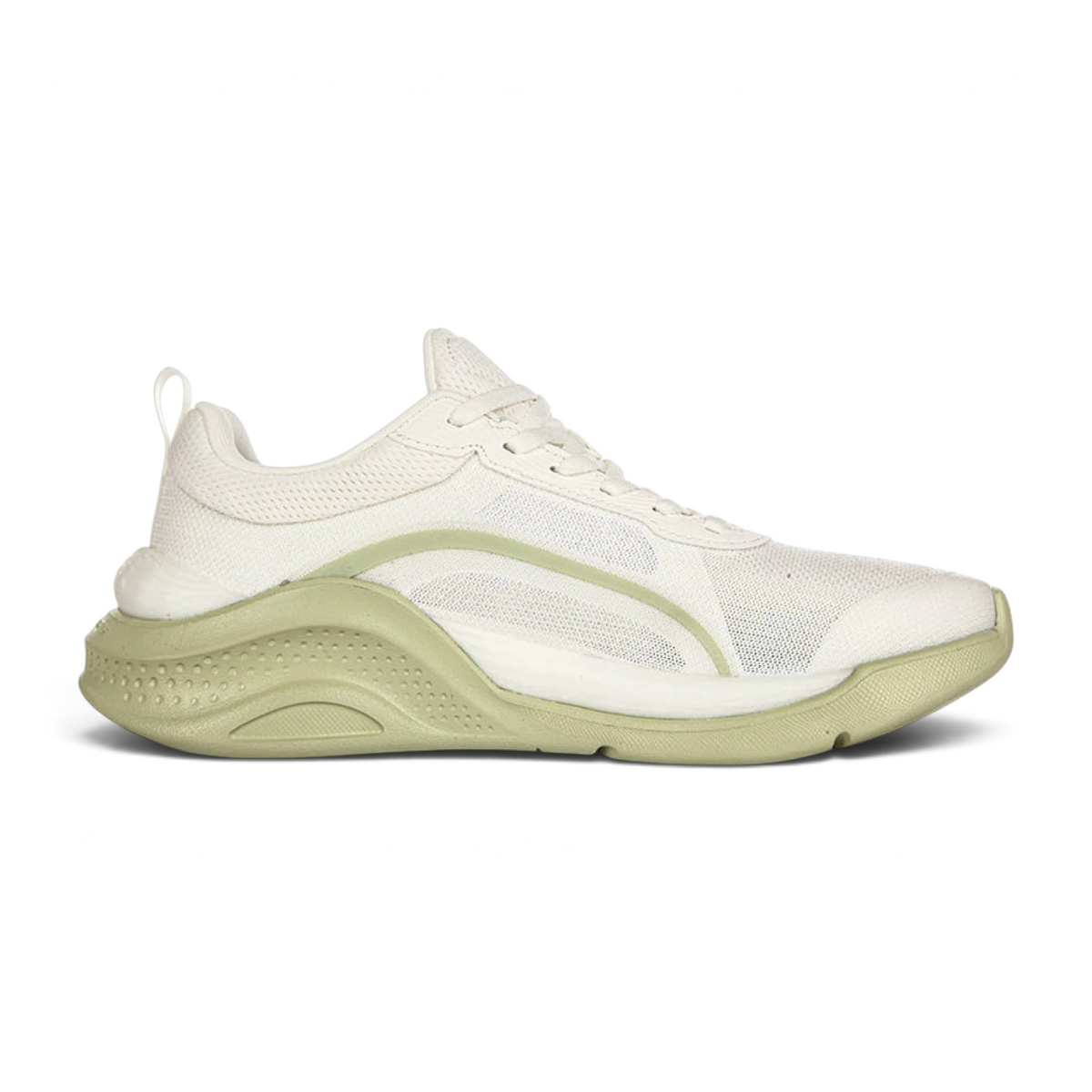 FRG cross-training shoes in white mesh with a sage green textured sole, side view