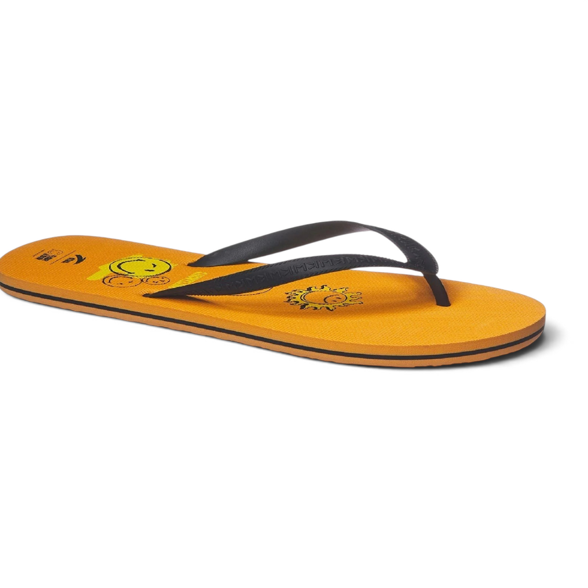FRG beach slippers in bright orange with black straps and playful sun and smiley face graphics on the footbed