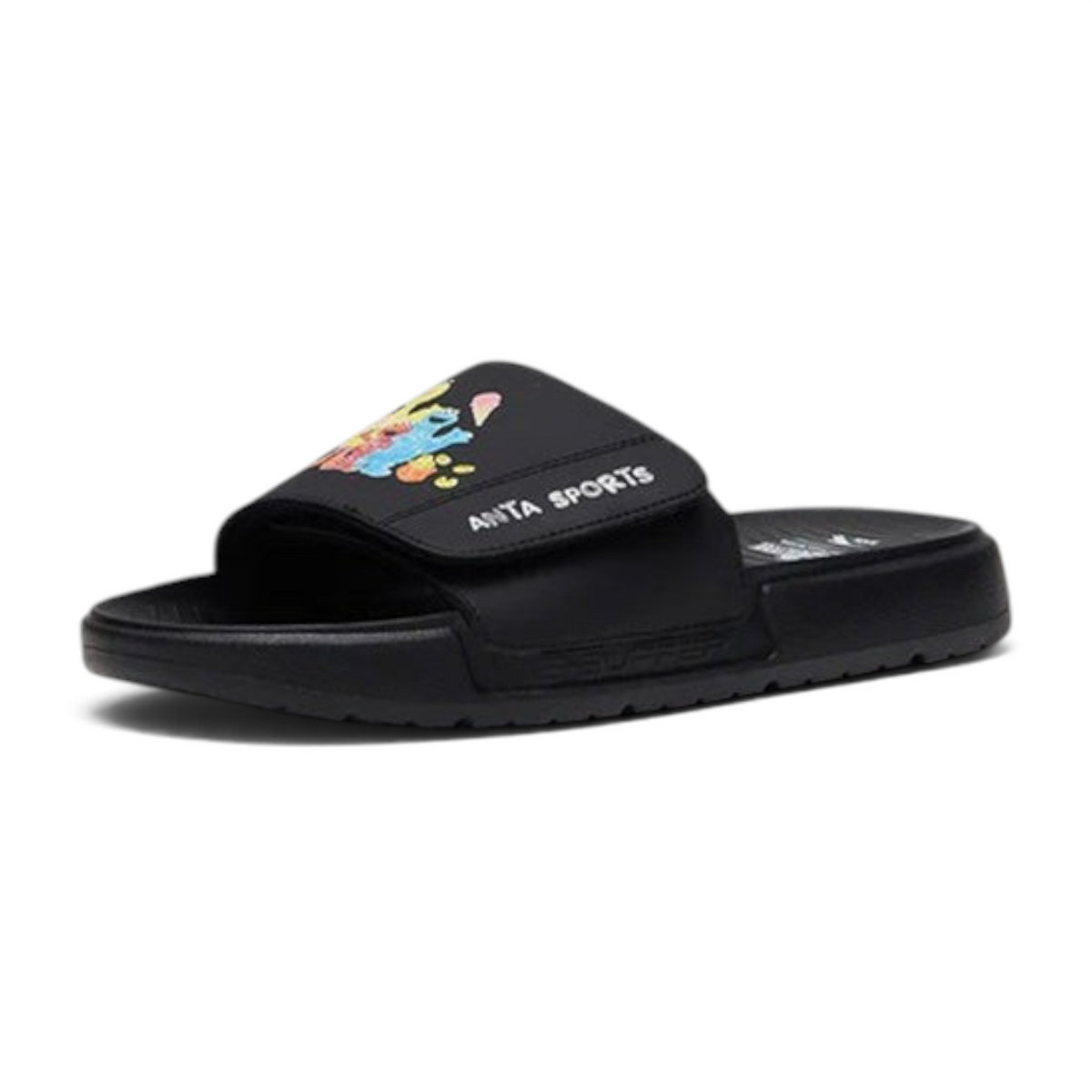 FRG black beach slippers featuring an adjustable strap with a colorful graphic and Anta Sports branding