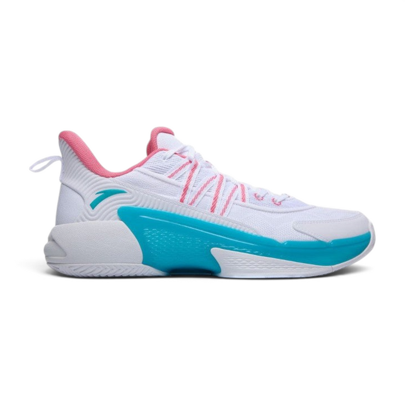 FRG ANTA Attack Pro basketball shoes in white with pink and teal accents, featuring a breathable mesh upper.