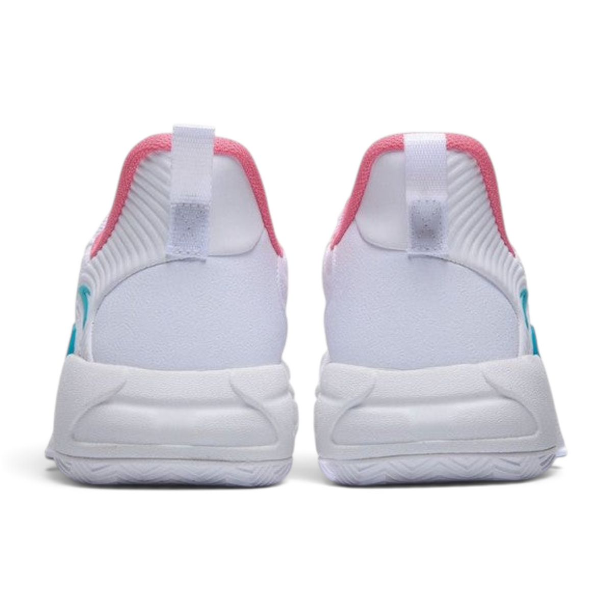 FRG ANTA Attack Pro basketball shoes in white with pink collar detail, viewed from the back.
