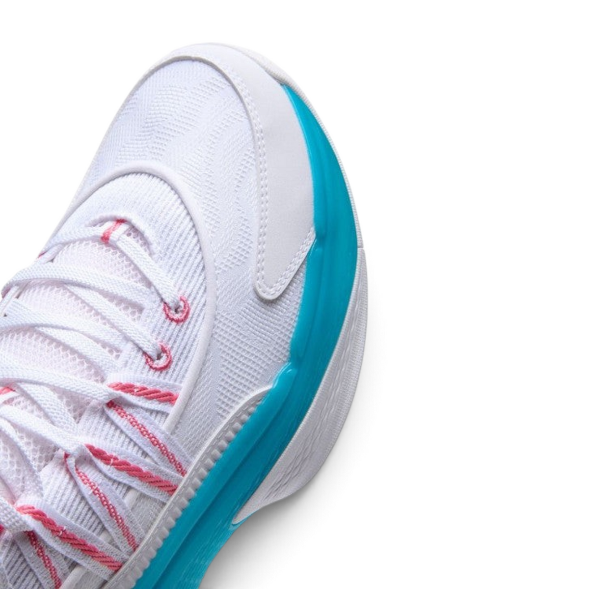 FRG ANTA Attack Pro basketball shoe in white with teal midsole and pink lace details, featuring a mesh upper.