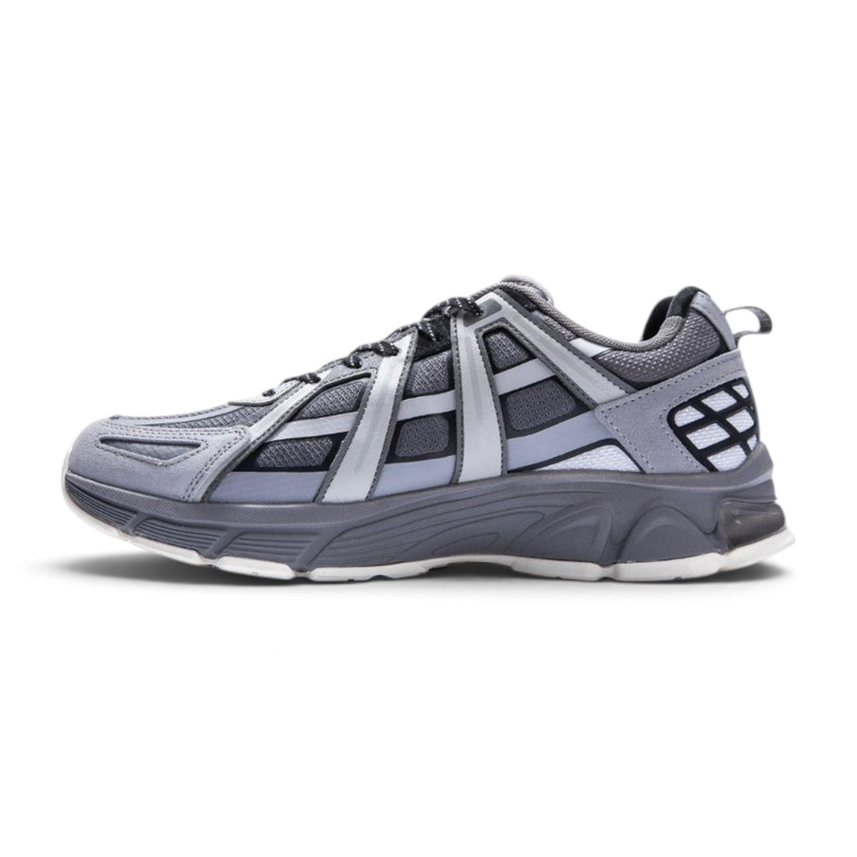 FRG ANTA retro men's running sneakers in grey with mesh and synthetic overlays, side profile view.