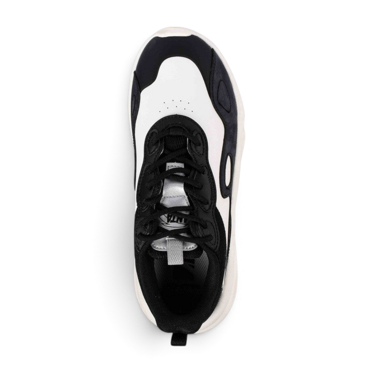 FRG casual shoes in black and white with a chunky sole and lace-up design, top-down view
