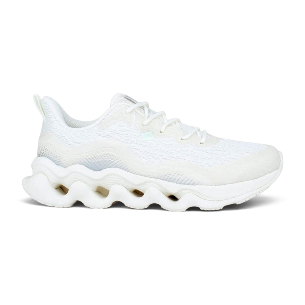 FRG women's white lifestyle running shoes with a unique wavy cushioned sole and breathable mesh upper