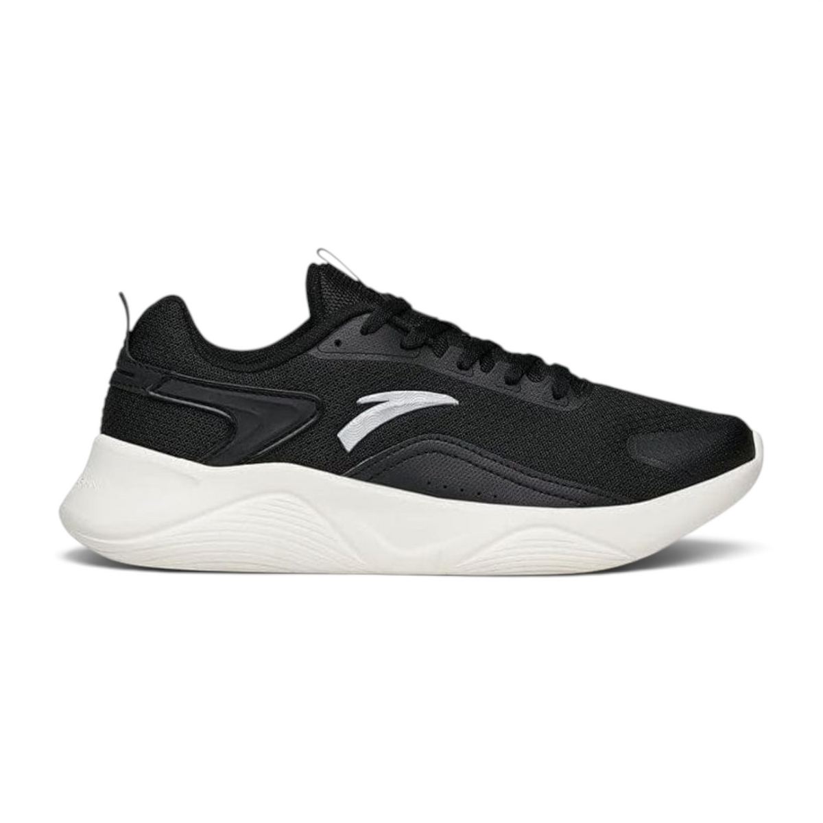 FRG women's lifestyle running shoes in black mesh with a white cushioned sole and side logo detail
