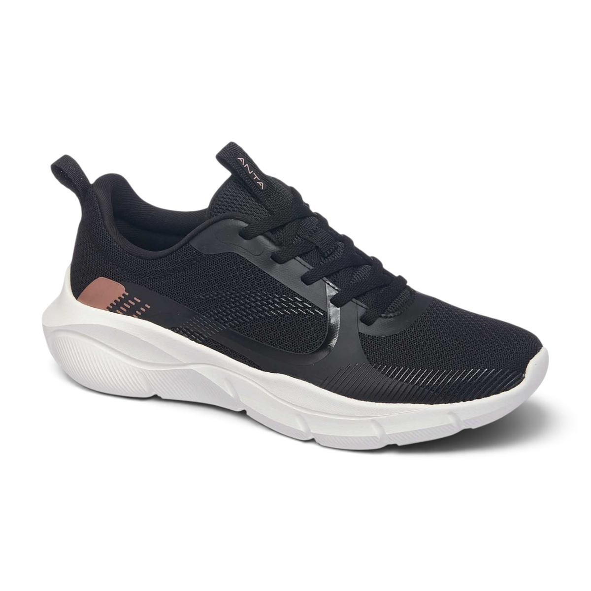FRG women's black lifestyle cross-training shoes with white cushioned sole and rose gold heel accent
