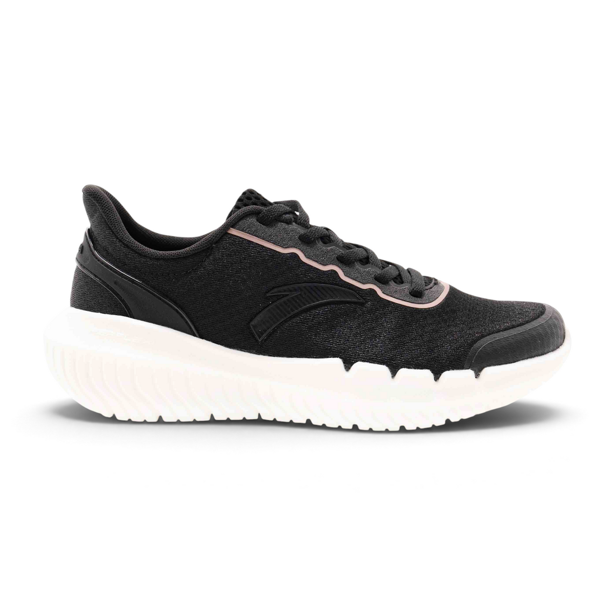 FRG women's black cross-training shoes with a thick white cushioned sole and breathable mesh upper