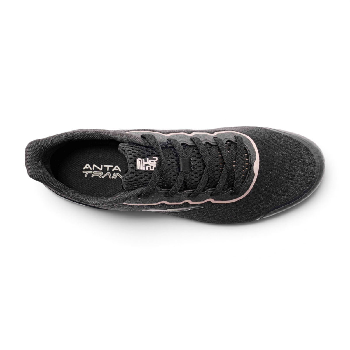 FRG women's black cross-training shoes with mesh upper and lace-up closure, top-down view