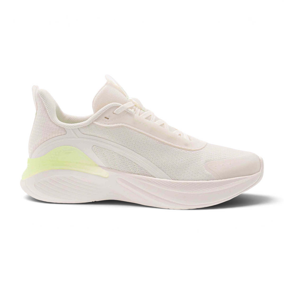 FRG women's running shoes in off-white mesh with lime green heel detailing and a thick cushioned sole
