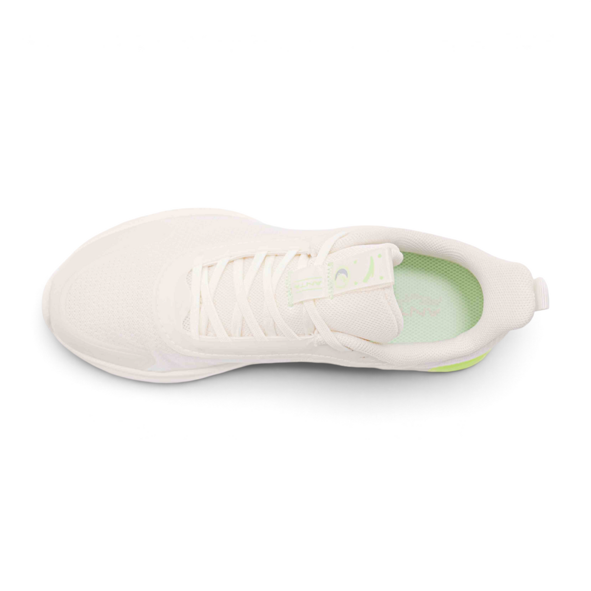 FRG women's cream running shoes with mesh upper and lime green heel detail, top-down view