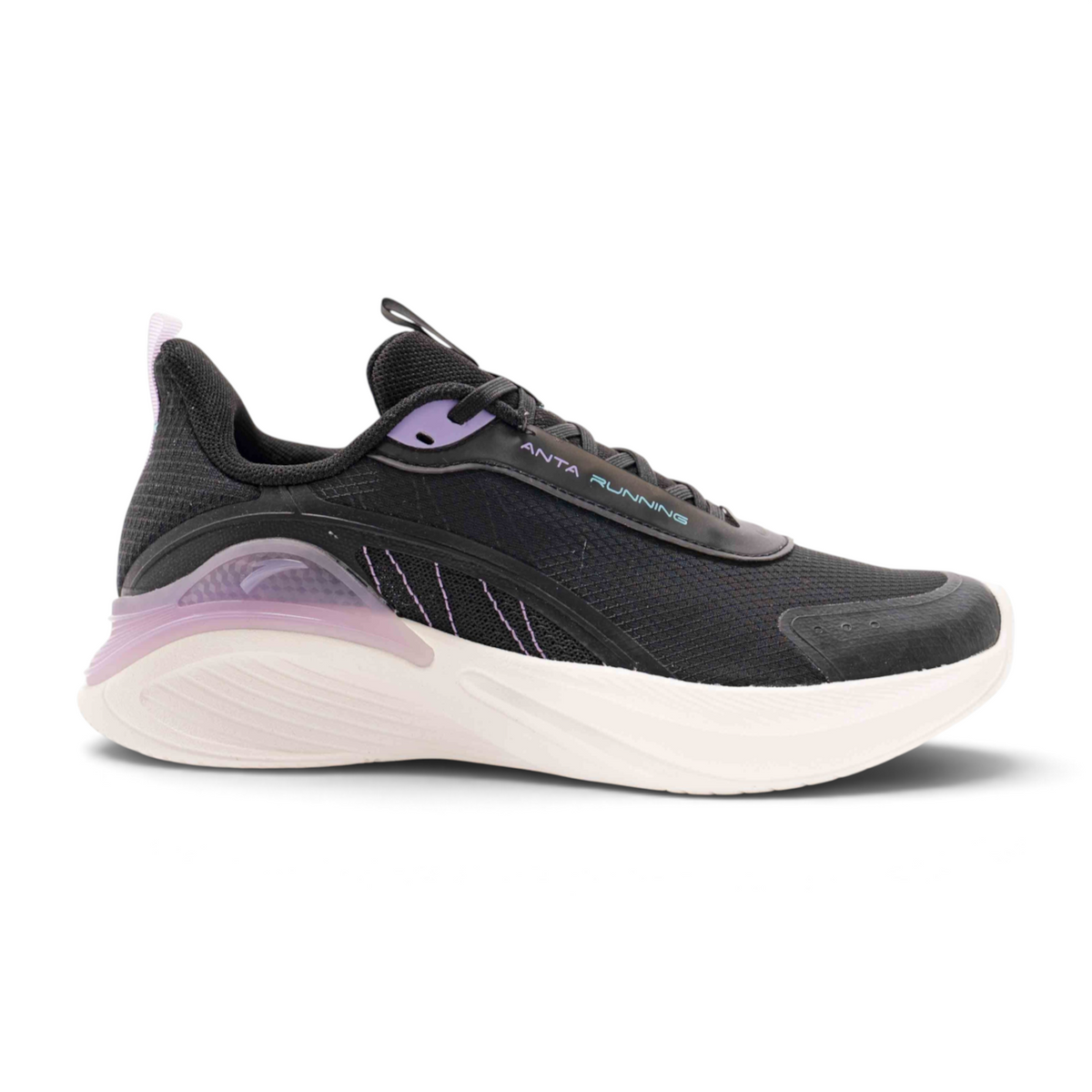 FRG black running shoes with white cushioned sole and purple accent details on a white background