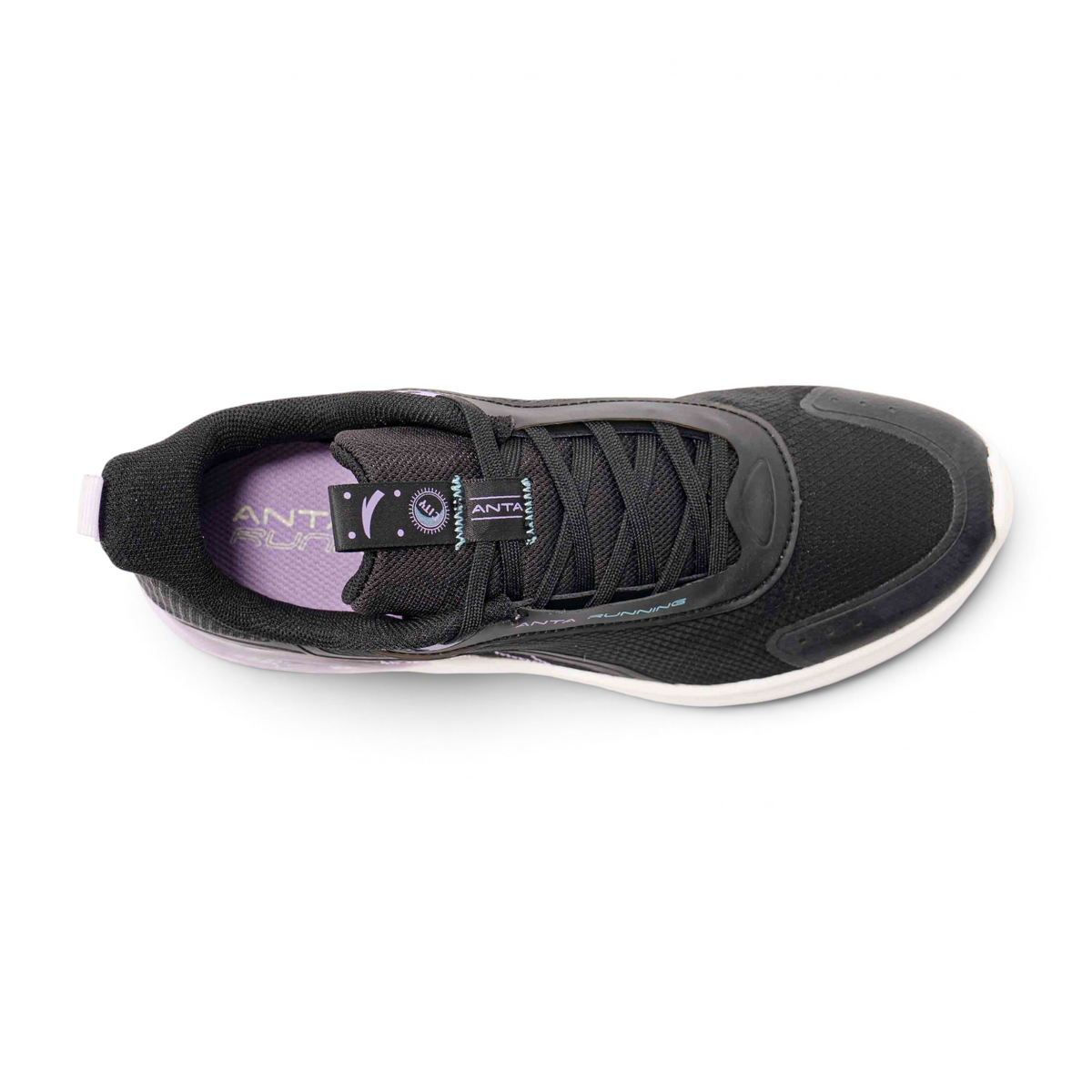FRG running shoes in black with breathable mesh upper and cushioned interior, top-down view