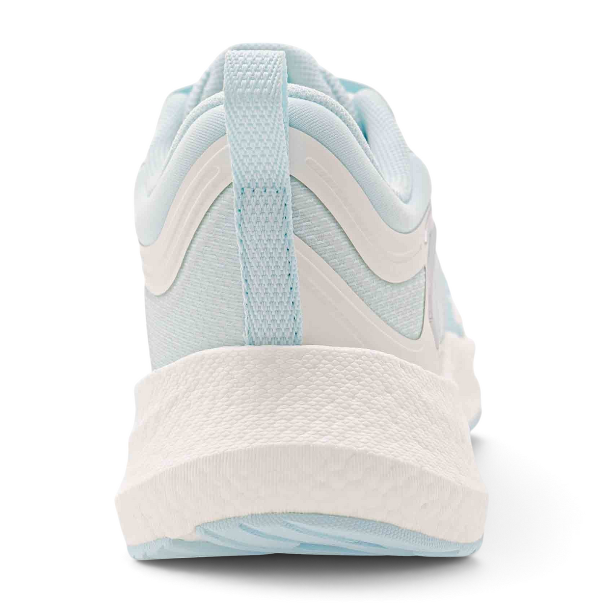 Back view of FRG running shoes in light blue and white with a textured midsole and pull tab