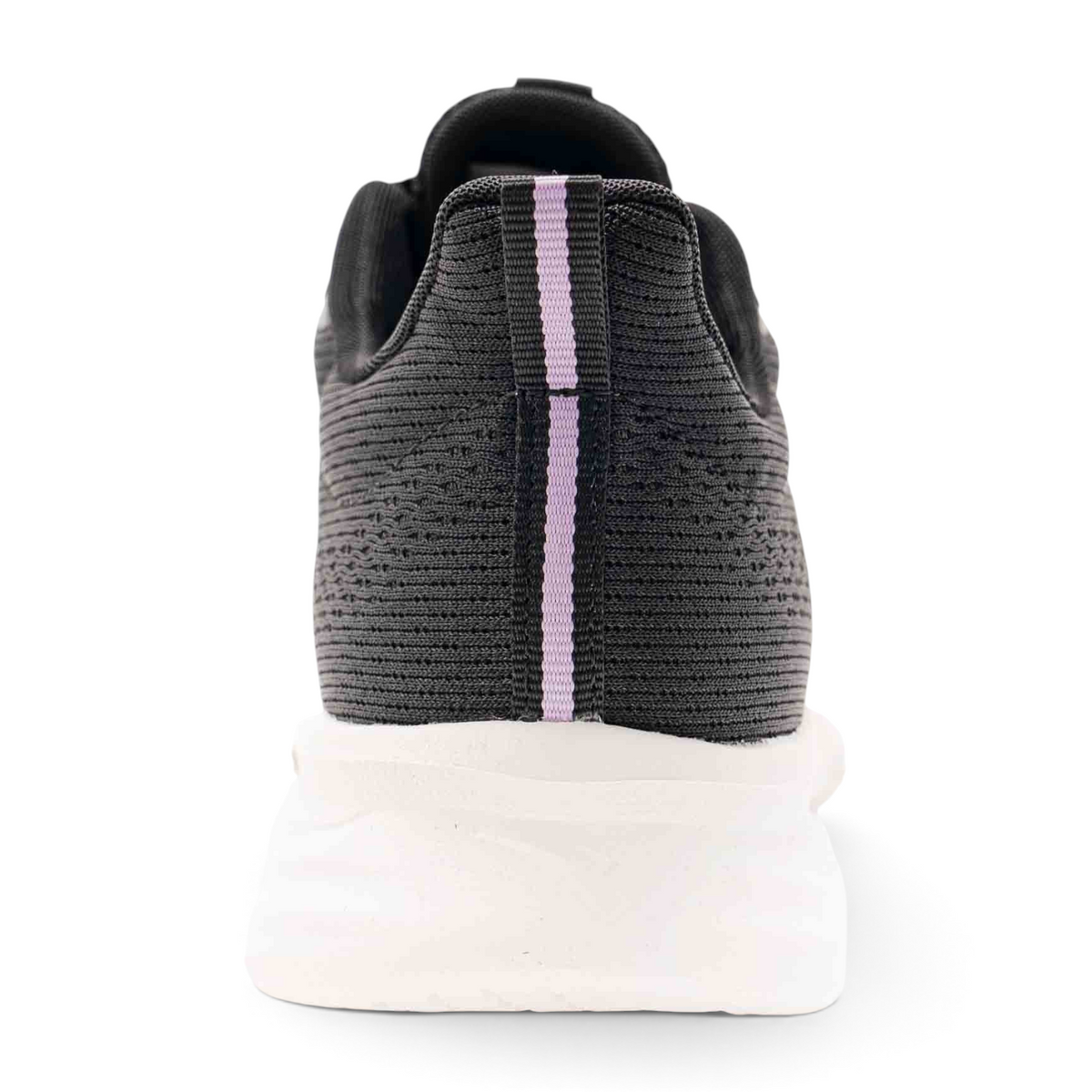FRG women's running shoes in dark grey knit fabric with a white sole and a vertical light purple heel stripe