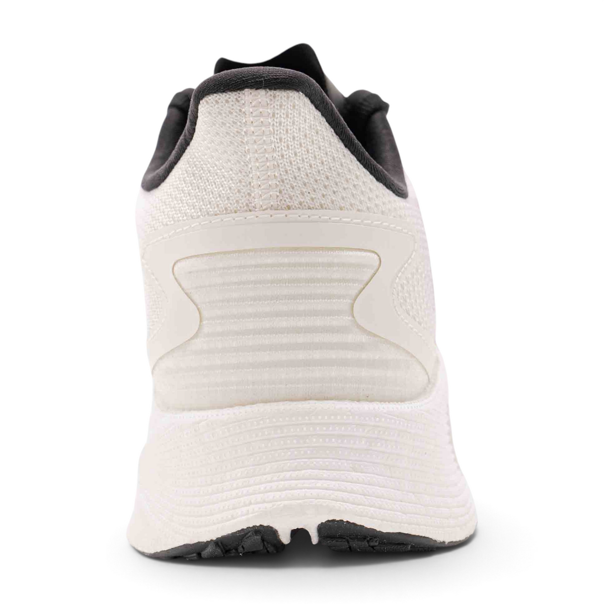 FRG women's running shoes in white mesh with a black interior lining and textured heel support, rear view