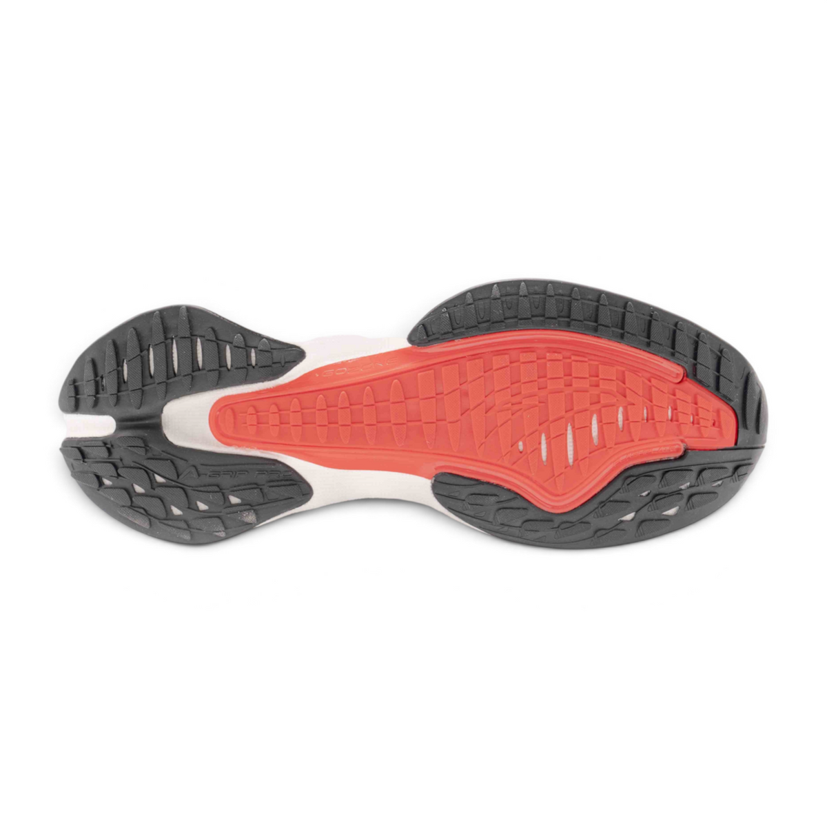FRG women's running shoe outsole with black rubber grip and red textured midfoot section on a white background