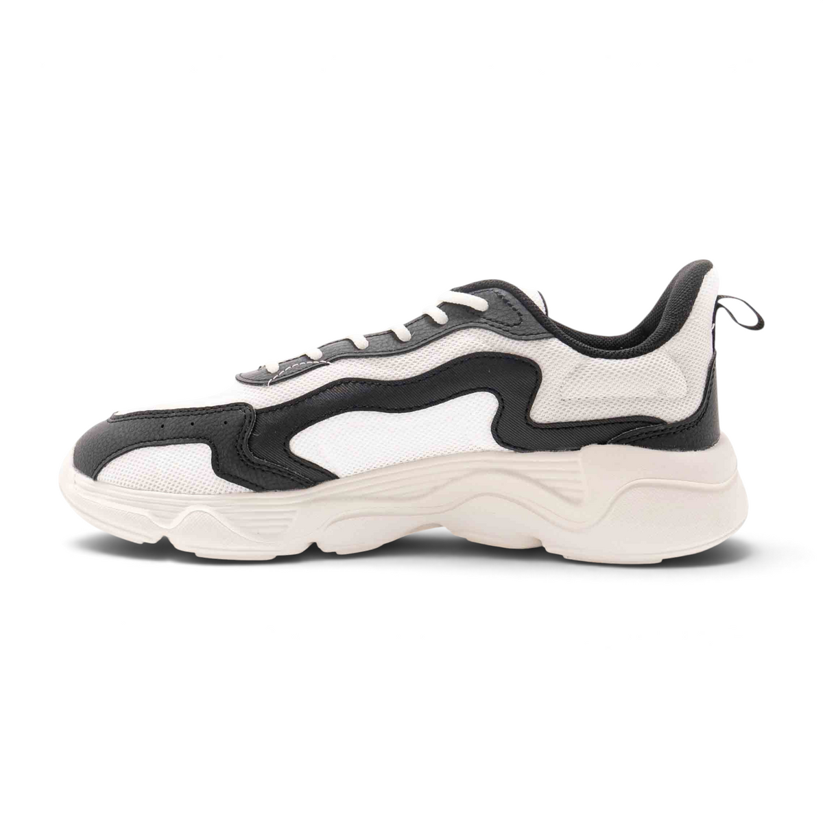 FRG women's casual lifestyle sneakers in white and black with a chunky sole and breathable mesh upper