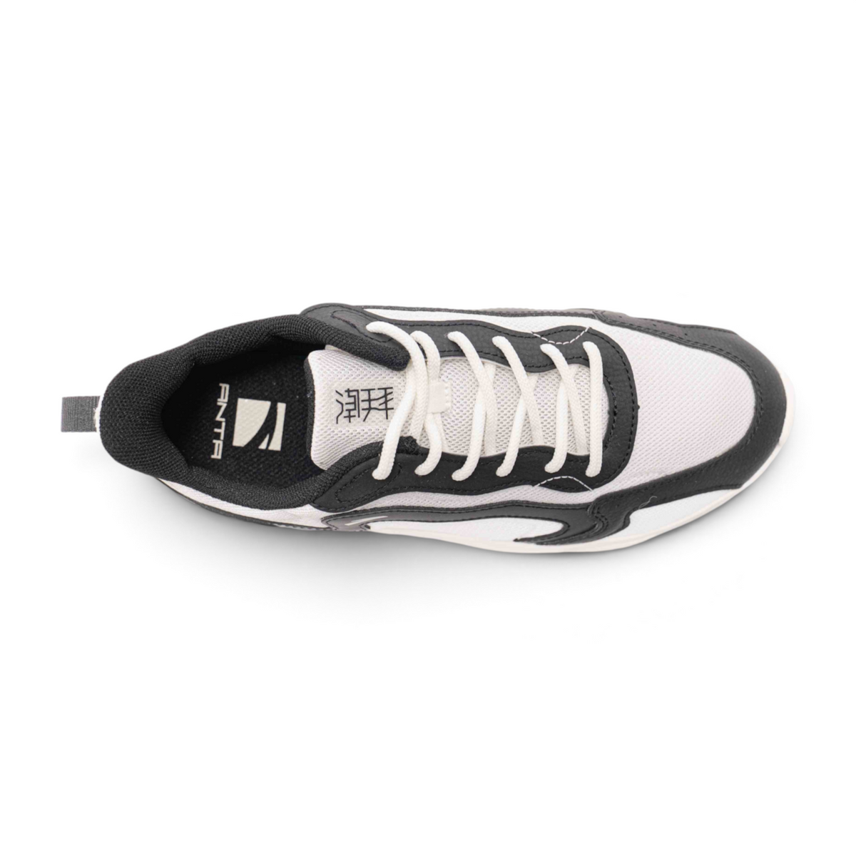Top view of FRG women's casual lifestyle sneakers in black and white mesh with lace-up closure