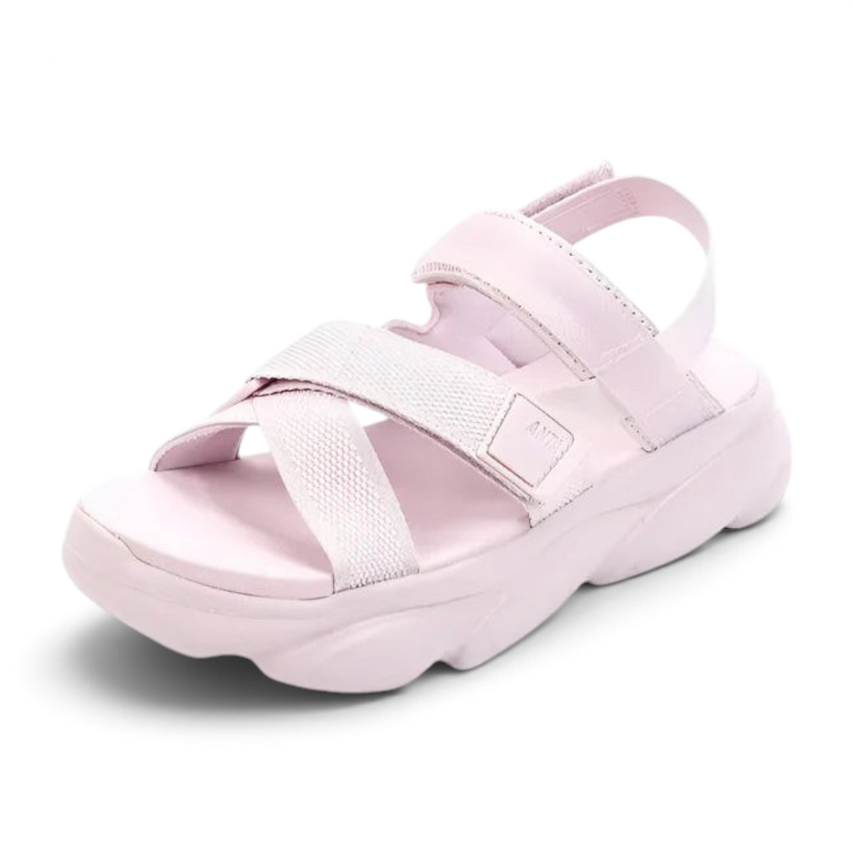 FRG beach sandals in light pink with crisscross fabric straps and a thick cushioned platform sole