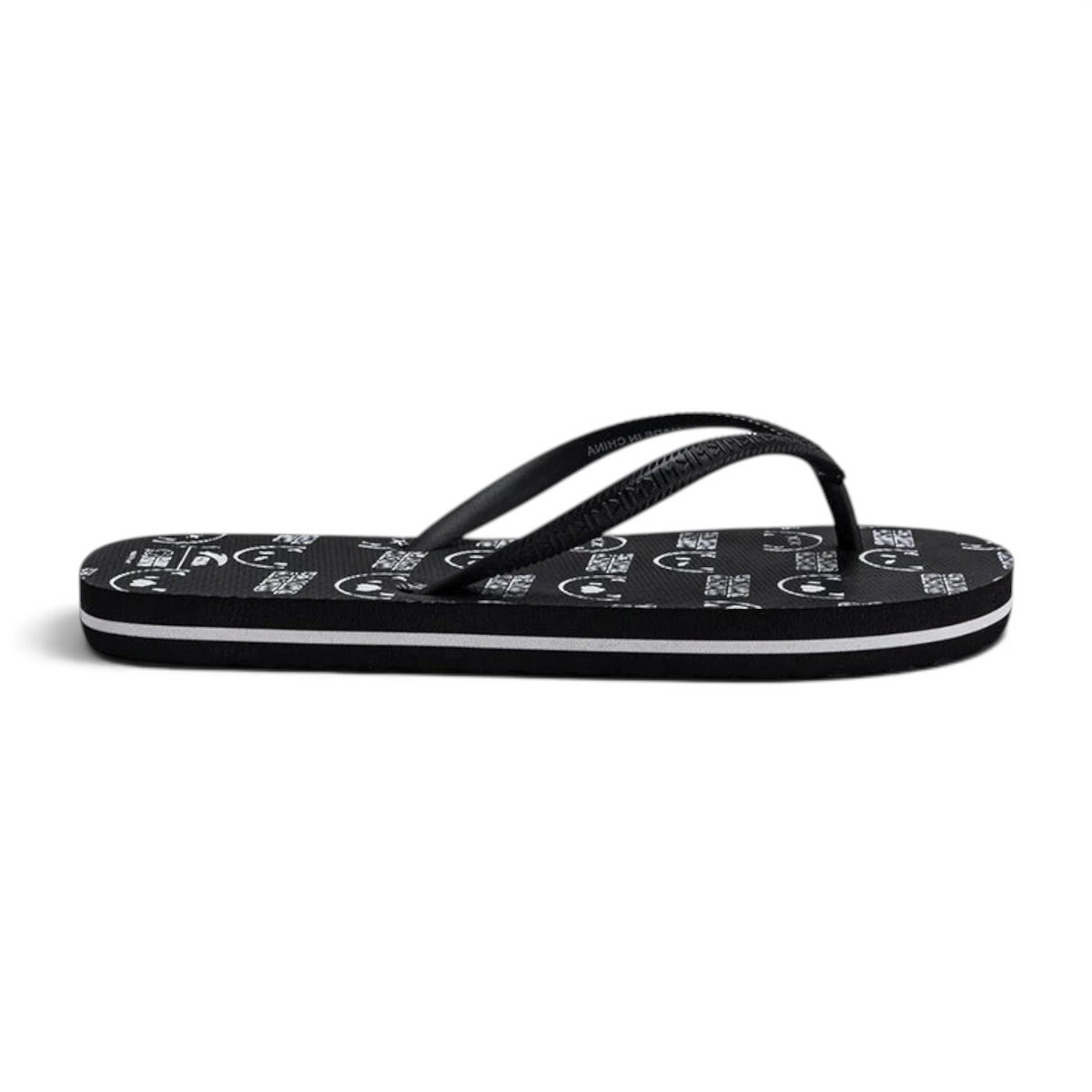 FRG black beach slippers with white graphic print and a striped sole side view