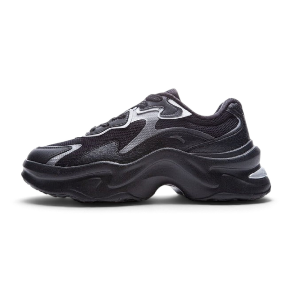 FRG ANTA Bunny women's casual sneakers in black and silver with mesh and synthetic leather panels, side view.