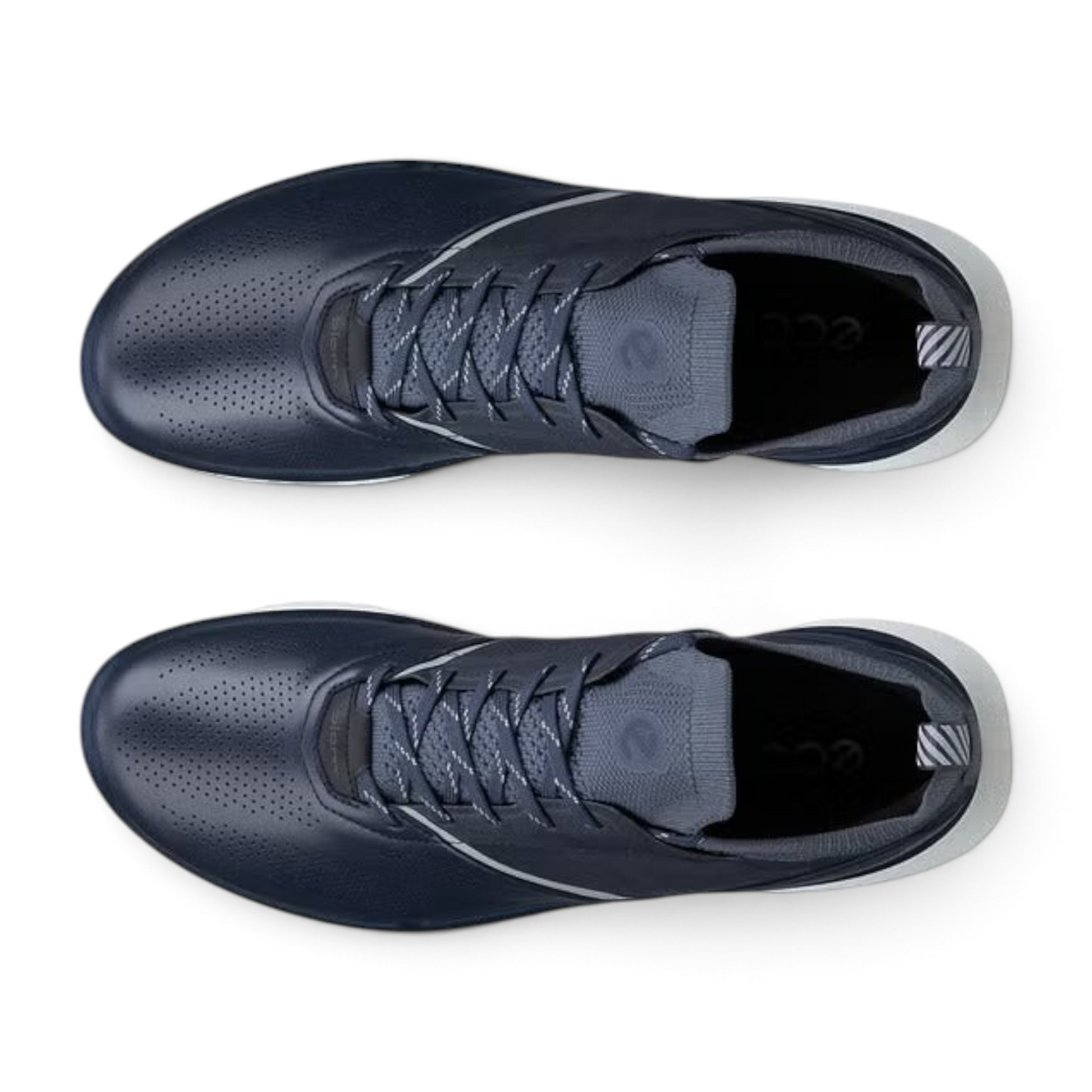 FRG ECCO Biom 720 men's navy blue breathable summer sneakers, top-down view showing perforated leather and laces