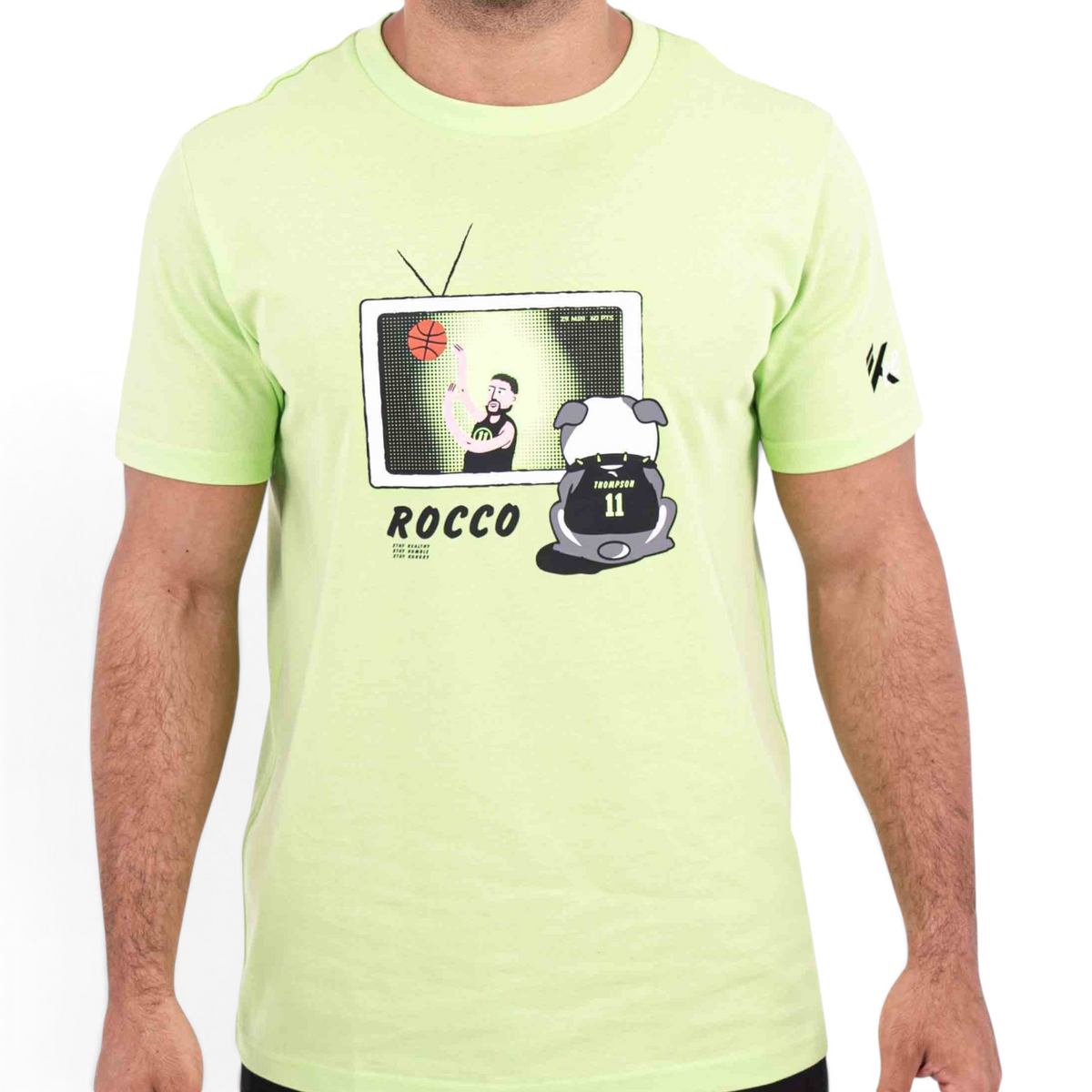 FRG regular fit lime green 100% cotton t-shirt featuring a Rocco basketball graphic print on the front