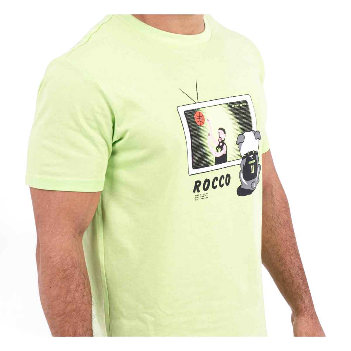 FRG regular fit lime green 100% cotton t-shirt featuring a graphic print of a basketball player on a television