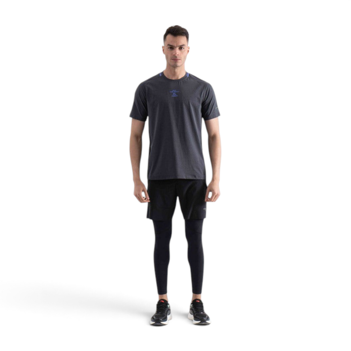 FRG SS TEE in charcoal grey worn by a male model with black athletic shorts and leggings against a white background