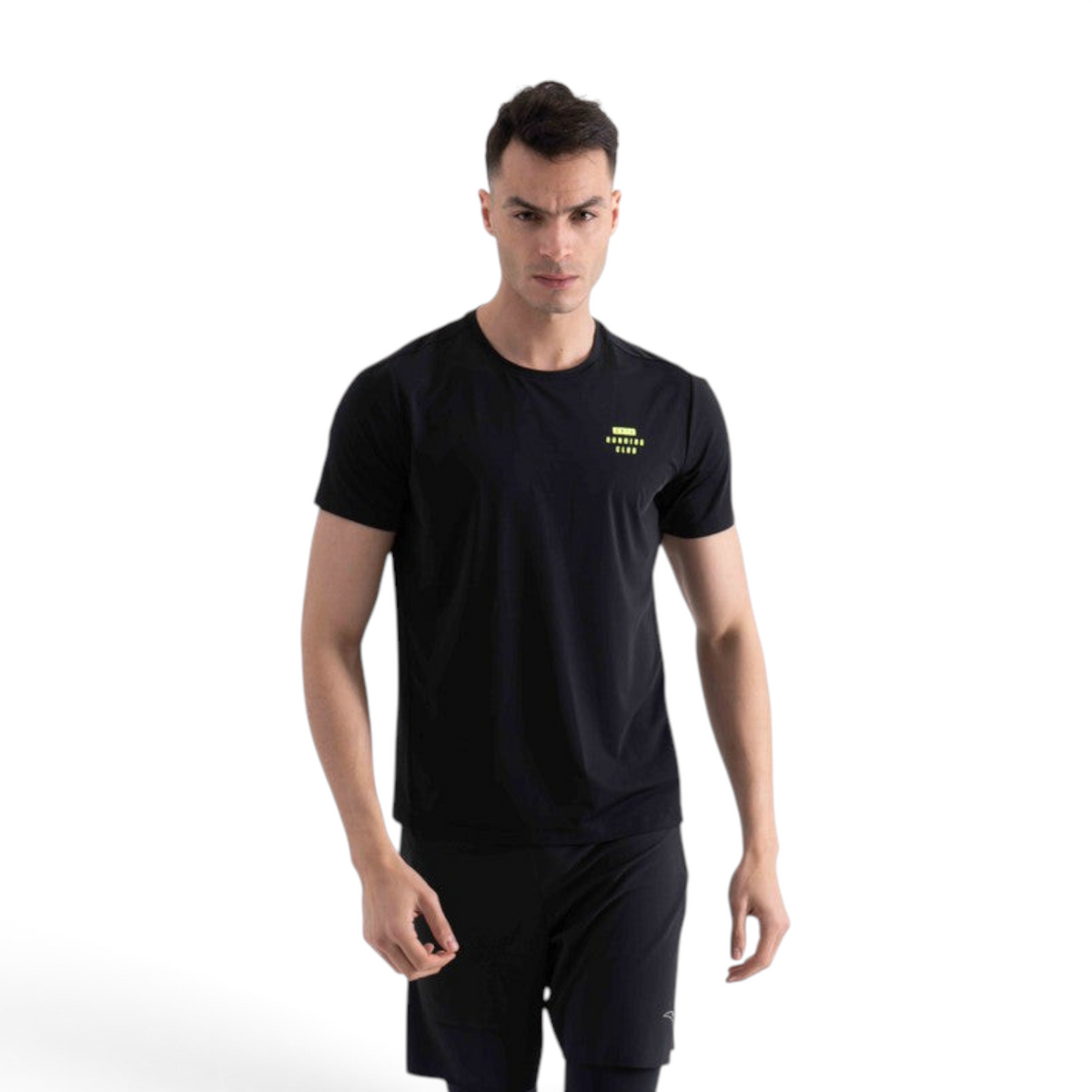 FRG black short sleeve athletic t-shirt with yellow logo detail worn by a male model against a white background