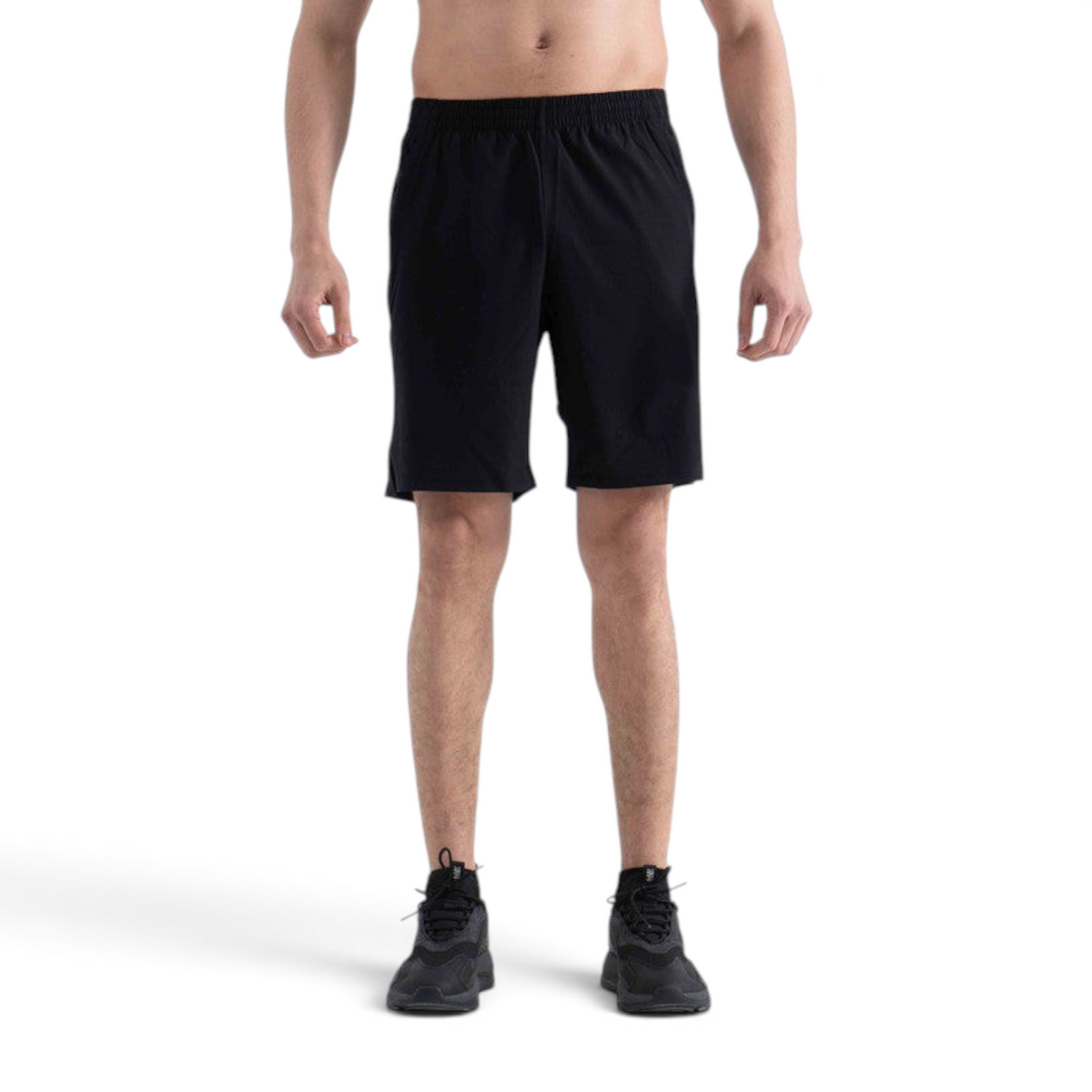FRG black athletic shorts worn by a man, featuring an elastic waistband and a comfortable fit for active wear.