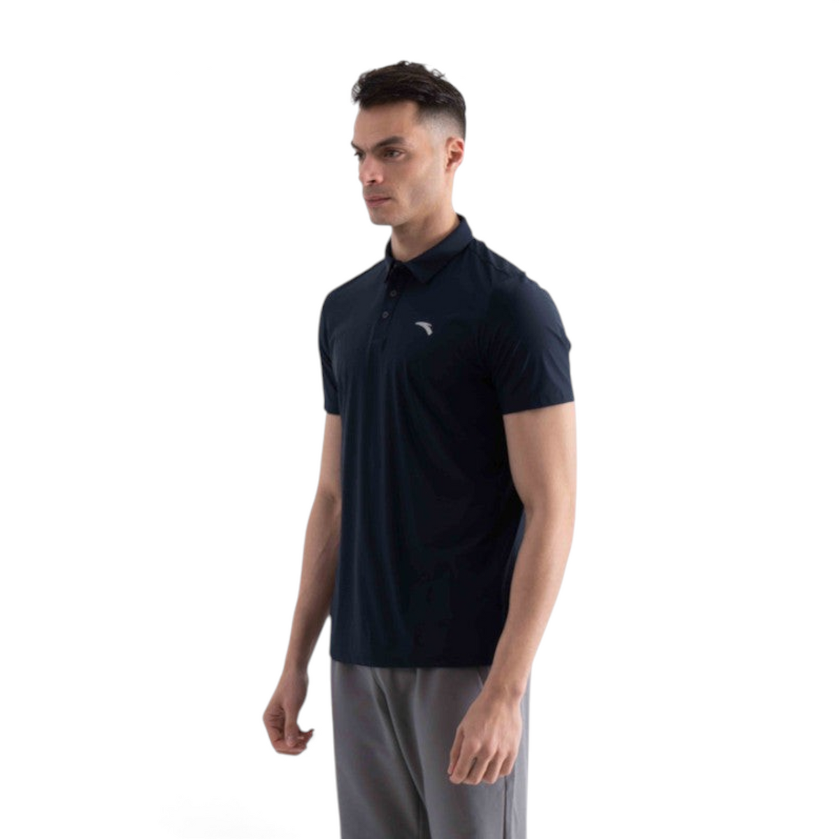 FRG navy blue short sleeve polo shirt worn by a man, featuring a classic collar and button placket