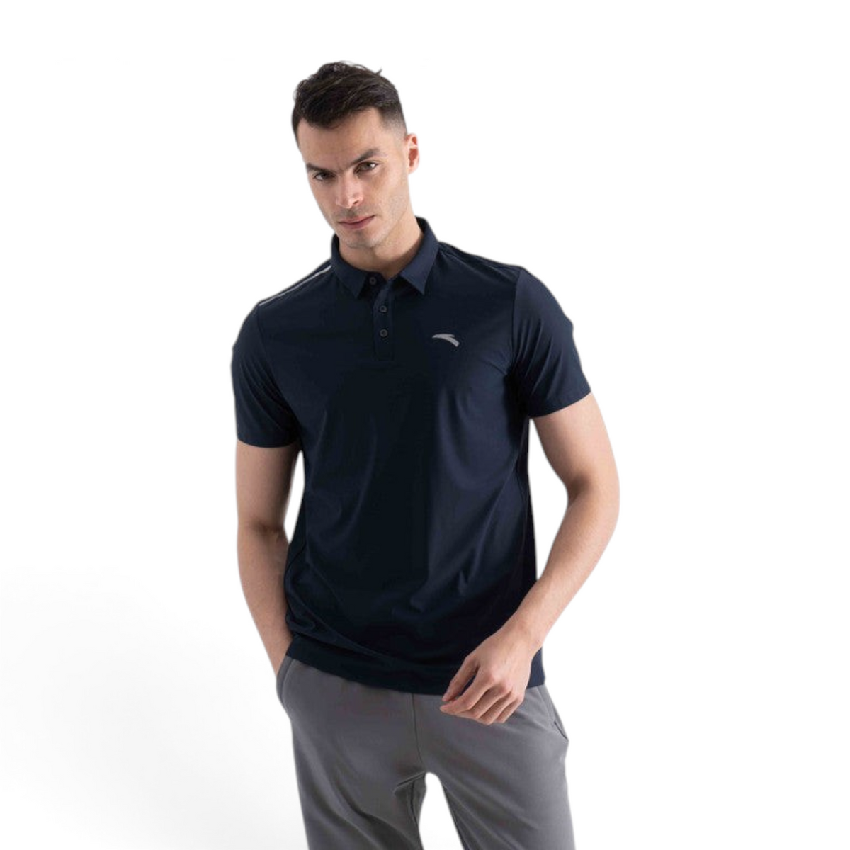 FRG navy blue short sleeve polo shirt worn by a male model, featuring a classic collar and subtle logo detail.