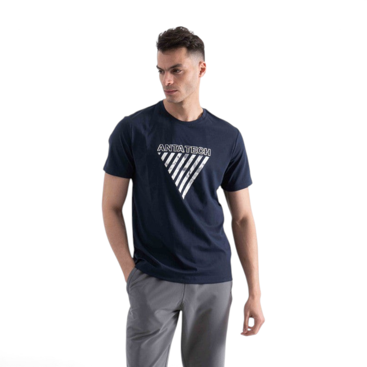 FRG navy blue short sleeve t-shirt with ANTA TECH triangle graphic print worn by a male model