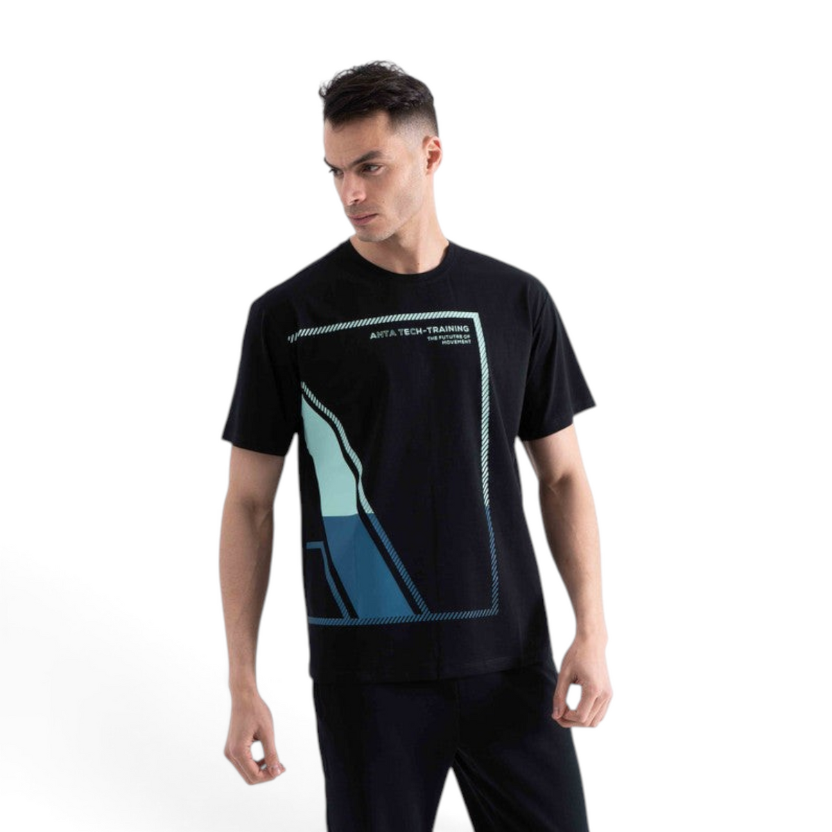 FRG black short sleeve t-shirt with geometric teal and blue graphic print on the chest worn by a male model