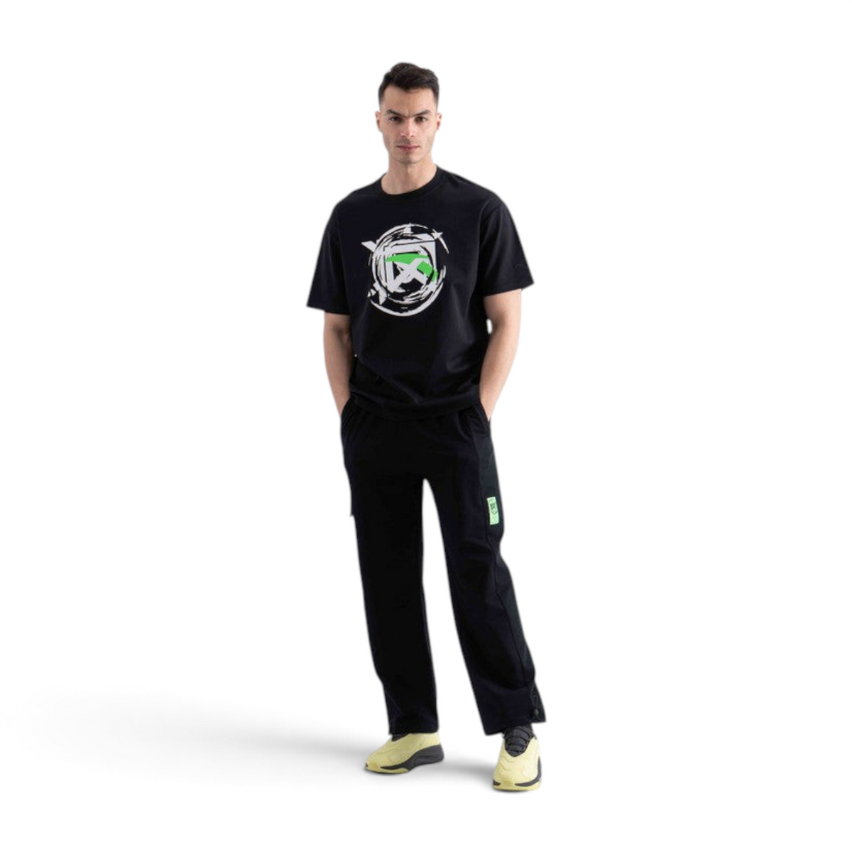 FRG regular fit black cotton-polyester t-shirt with a circular white and green graphic print on the chest