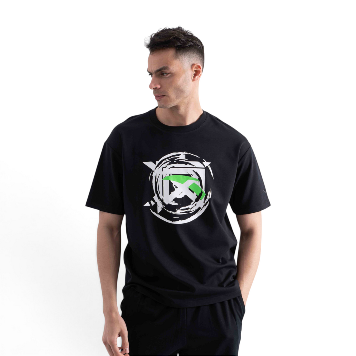 FRG regular fit black t-shirt in cotton-polyester blend featuring a white and green circular graphic print