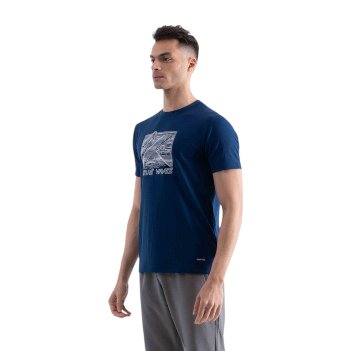 FRG regular fit navy blue polyester t-shirt with white abstract wave graphic print on chest worn by a male model