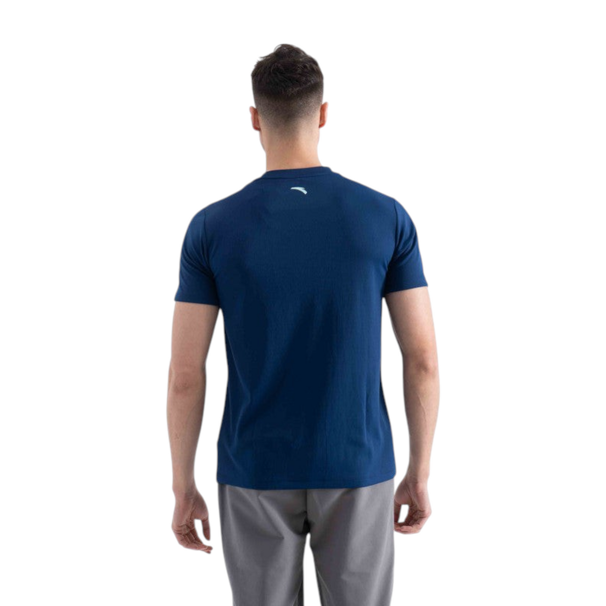 Back view of a man wearing a blue regular fit FRG polyester T-shirt with a small logo on the upper back