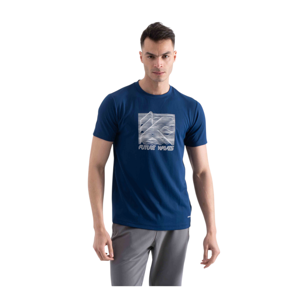 FRG regular fit blue polyester t-shirt with white Future Waves graphic print worn by a male model