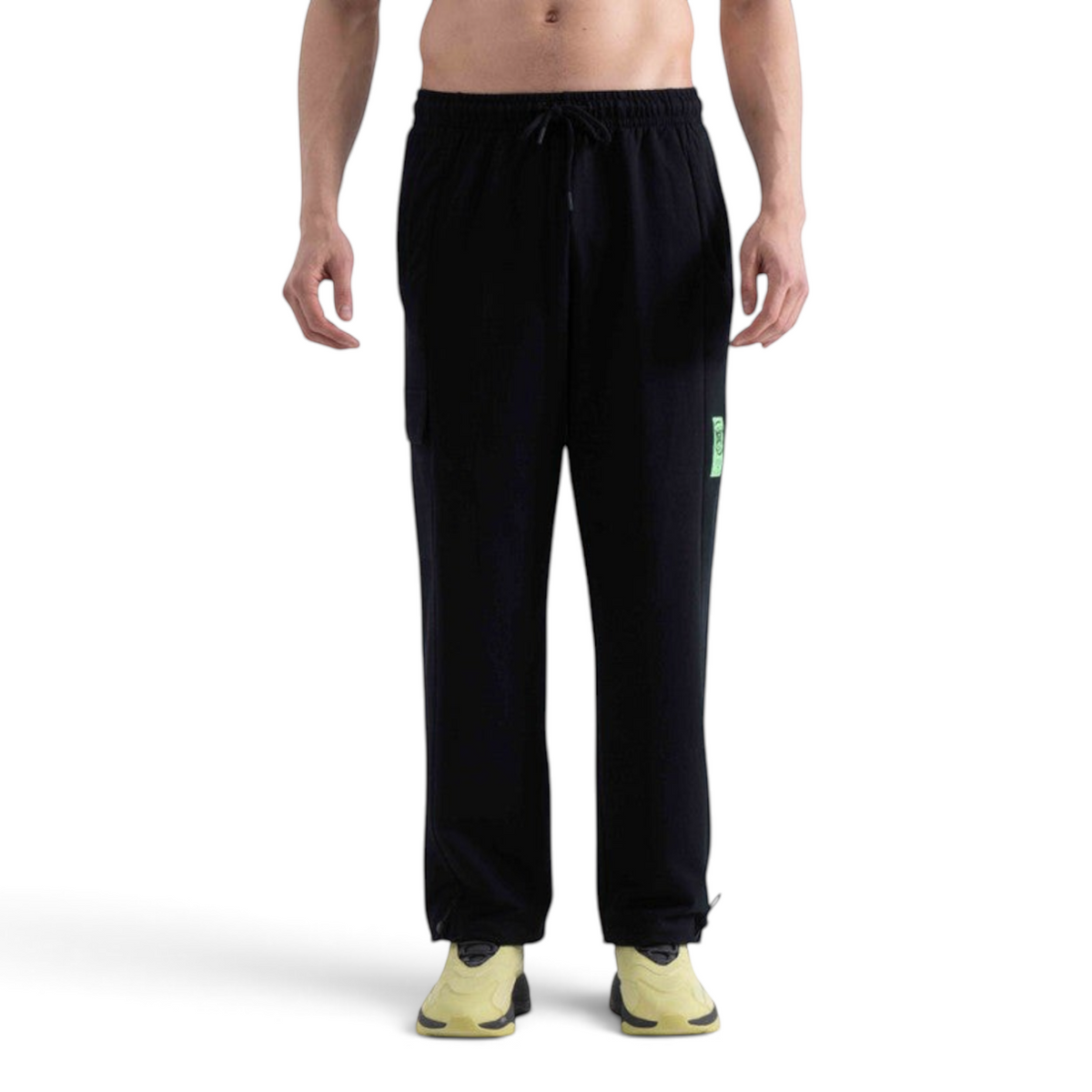 FRG regular fit black knit track pants made from cotton and spandex with a neon green logo detail