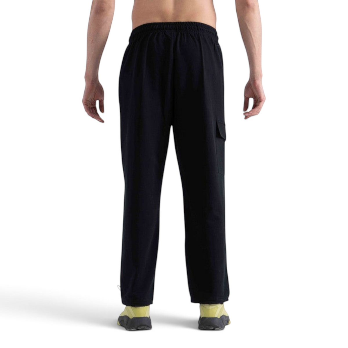 FRG black regular fit knit track pants with a side cargo pocket, worn by a model from the back view.
