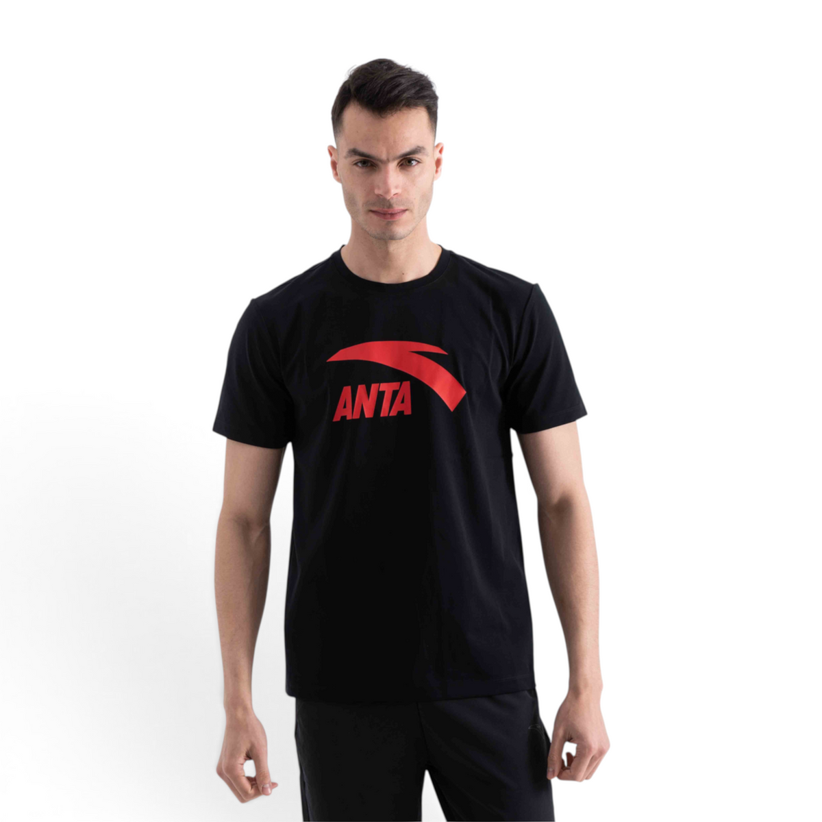 FRG regular fit black t-shirt with red ANTA logo, made from modal and polyester blend, worn by a male model