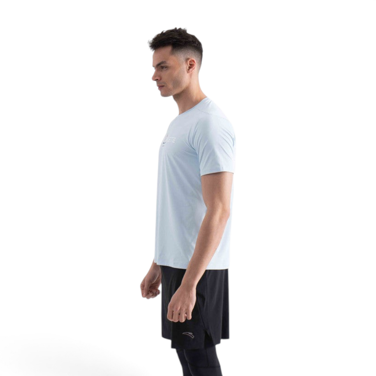 FRG regular fit light blue nylon spandex t-shirt worn by a man in profile view
