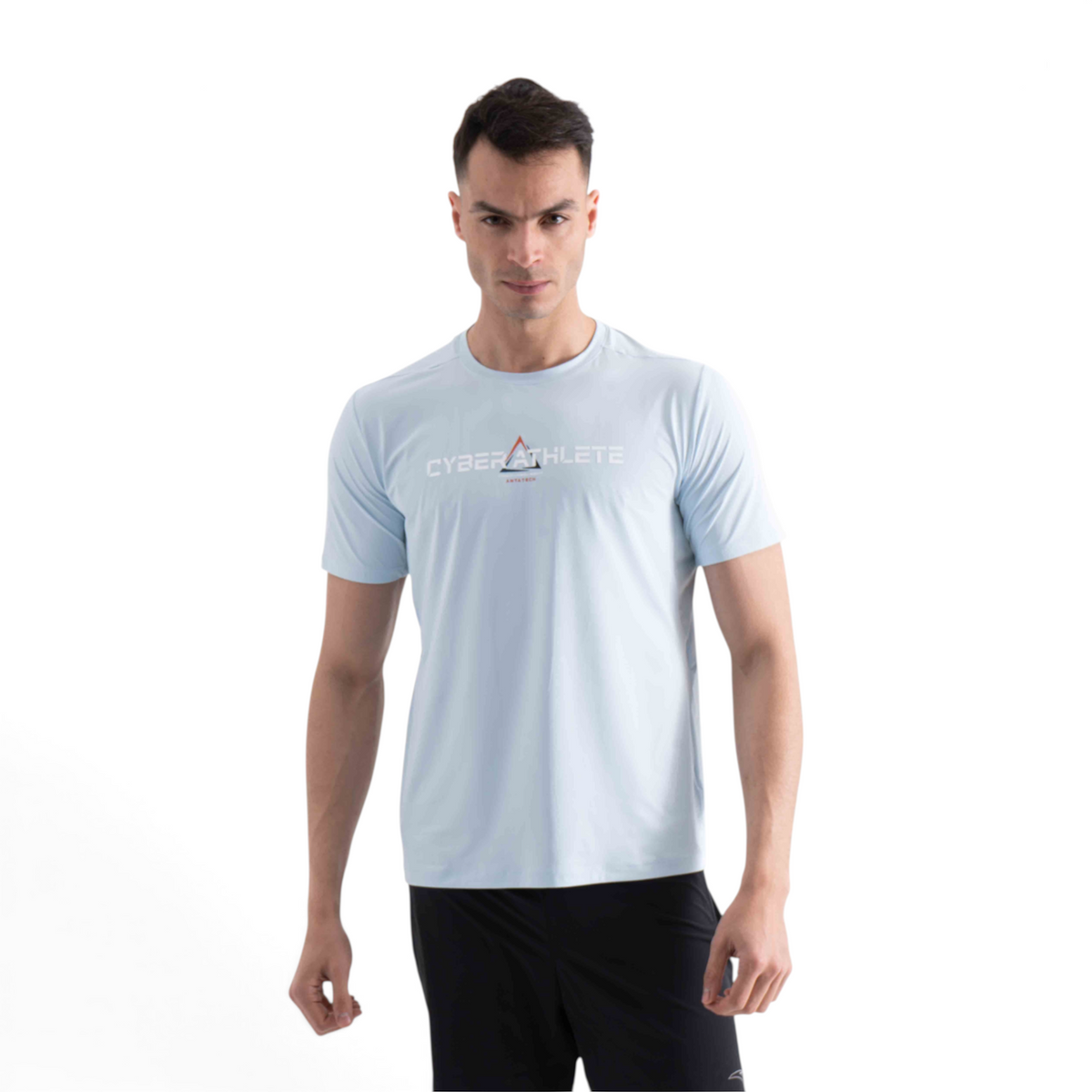 FRG light blue regular fit nylon spandex t-shirt with Cyber Athlete graphic print worn by a male model
